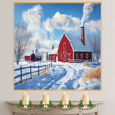Frosted Memories – White Cottage and Red Barn in Wintertime on Ready to Hang 1.5" Thick Canvas Wrap, Floating Framed Canvas, Flat Rolled Canvas